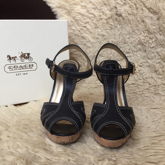 Coach Bianca T straps Leather Cork Heel size 7.5 - Picture 2 of 10